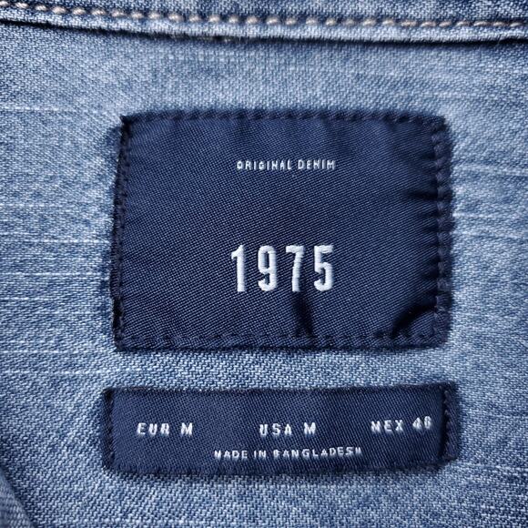 ZARA 1975 Chambray Shirt Men M Blue Pearl Snaps Long Sleeve Western Streetwear - Picture 10 of 13